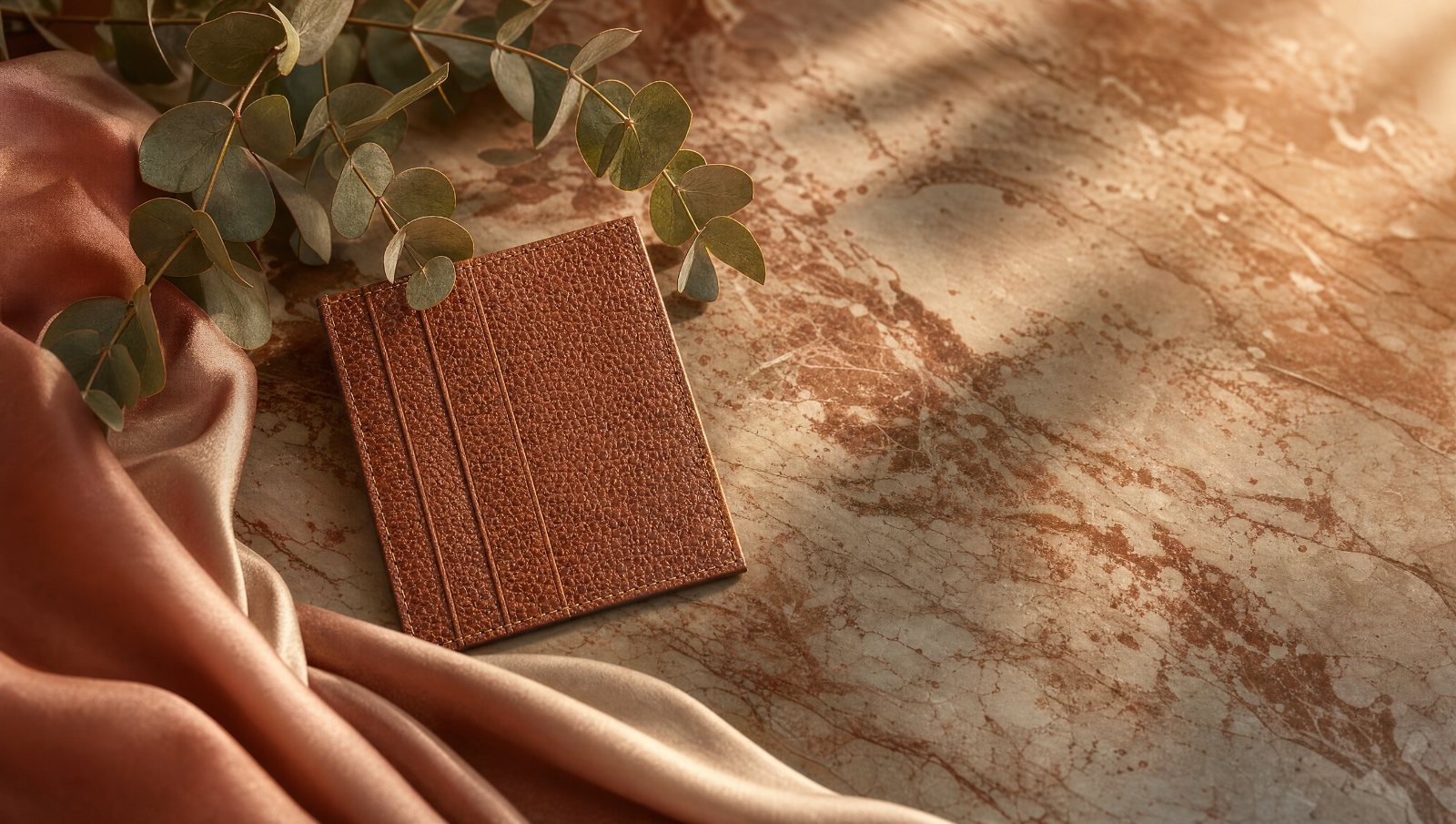 Personalised brown leather card holder on marble